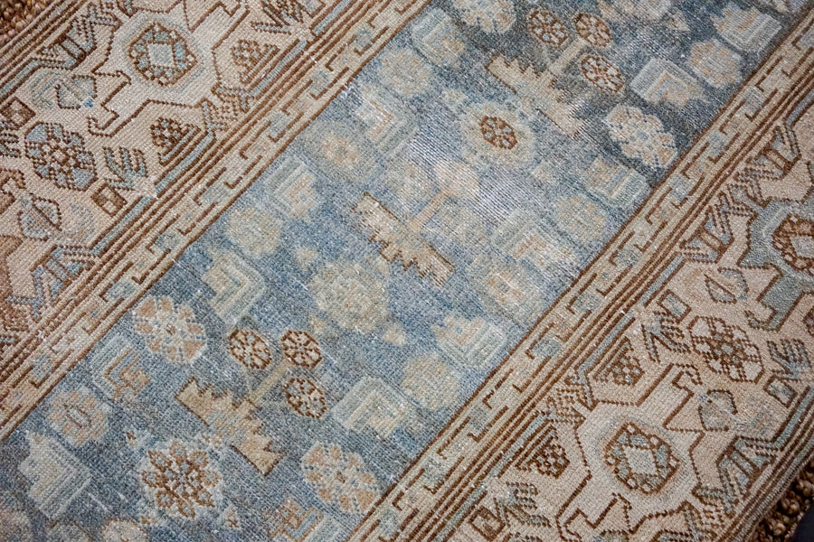 3’5 x 9’6 Classic Vintage Hamadan Runner Muted Sea Blue + Beige