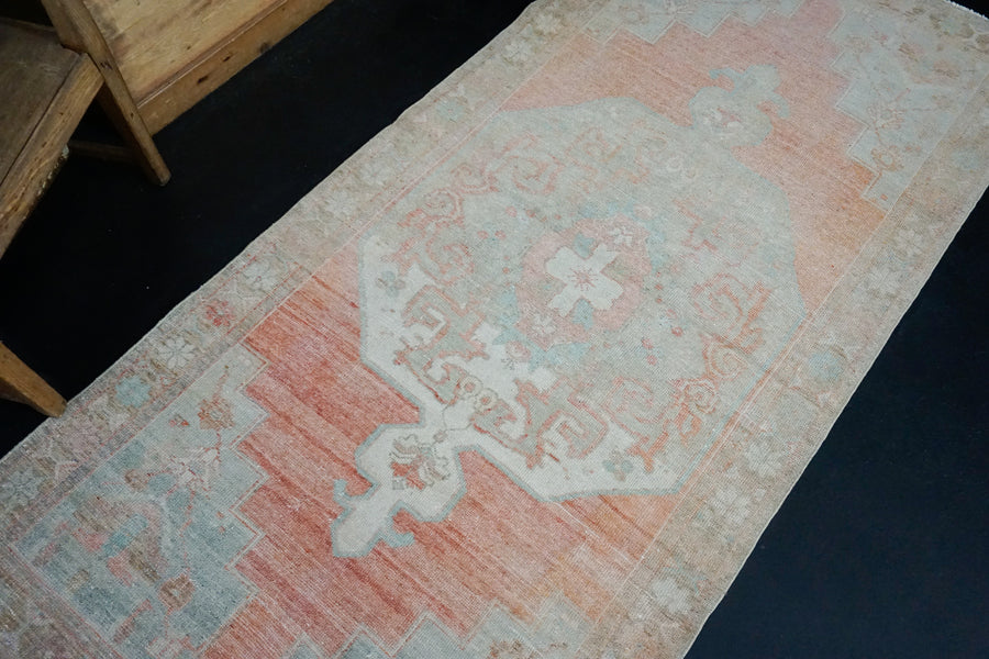 3’6 x 7’11 Vintage Oushak Runner Muted Apricot, Taupe & Blue