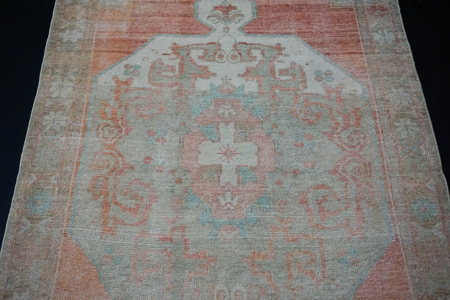 3’6 x 7’11 Vintage Oushak Runner Muted Apricot, Taupe & Blue