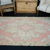 4’2 x 7’10 Vintage Oushak Runner Coral Pink, Yellow and Cream