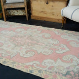 4’2 x 7’10 Vintage Oushak Runner Coral Pink, Yellow and Cream