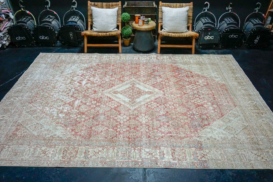 7’6 x 11’ Classic Antique Carpet Muted Red, Gray, Blue & Cream SB