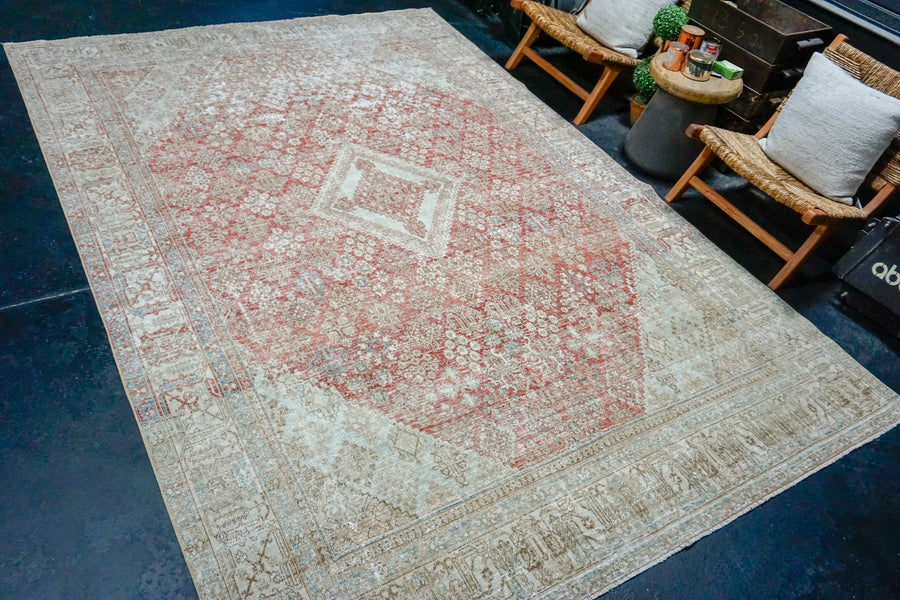 7’6 x 11’ Classic Antique Carpet Muted Red, Gray, Blue & Cream SB