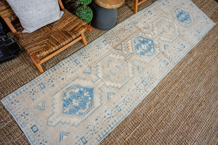 3’ x 10’9 Vintage Heriz Runner Muted Cream, Beige + Blue
