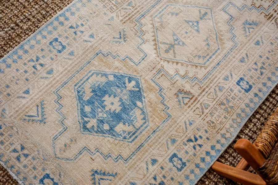 3’ x 10’9 Vintage Heriz Runner Muted Cream, Beige + Blue