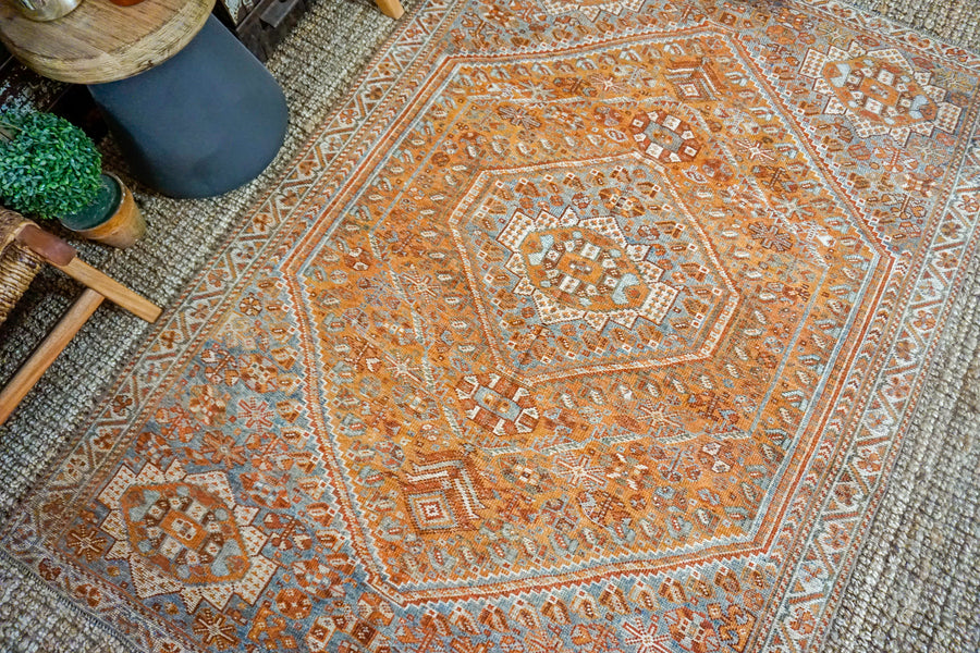 4’8 x 6’8 Vintage Handmade Shiraz Carpet Copper + Denim & Gray
