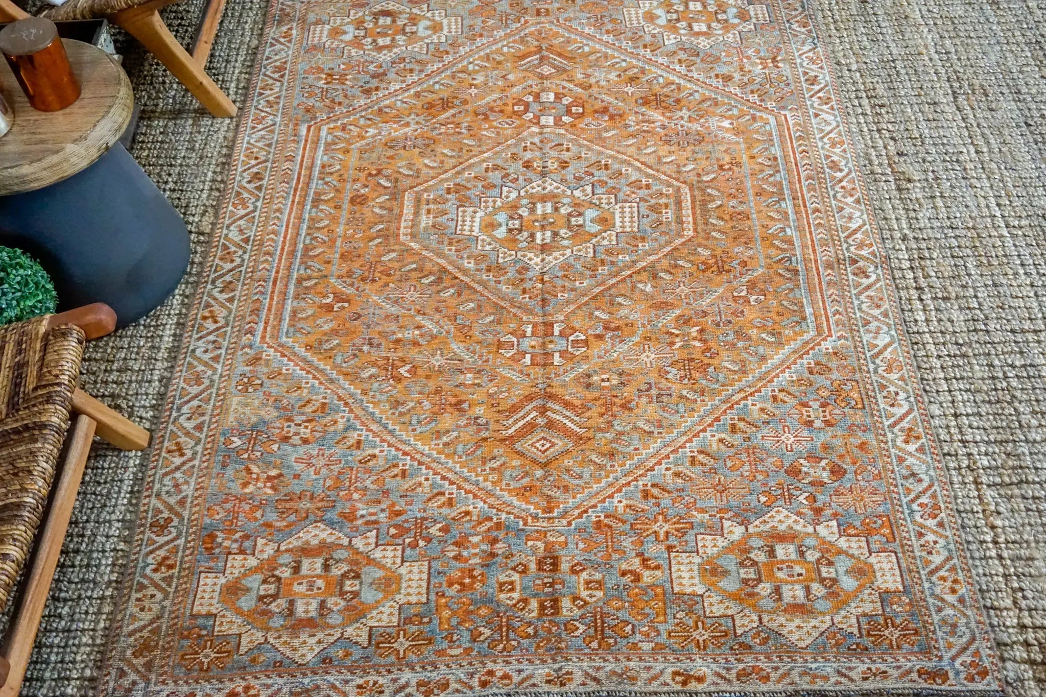 4’8 x 6’8 Vintage Handmade Shiraz Carpet Copper + Denim & Gray '3538 Linda's Barn