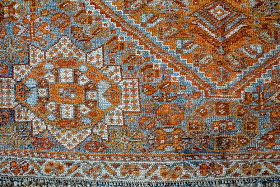 4’8 x 6’8 Vintage Handmade Shiraz Carpet Copper + Denim & Gray