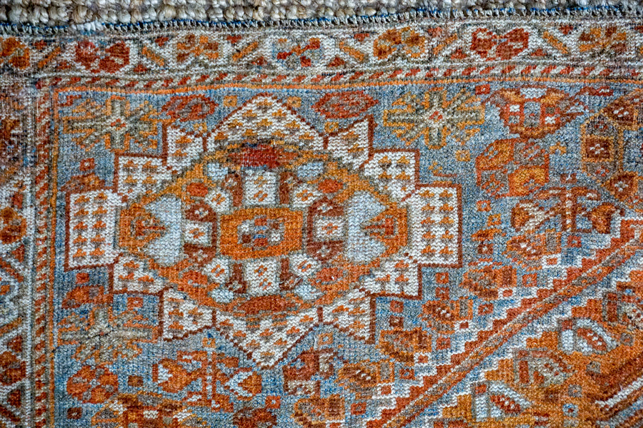 4’8 x 6’8 Vintage Handmade Shiraz Carpet Copper + Denim & Gray