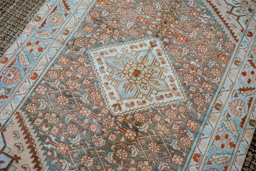 4’4 x 6’2 Vintage Malayer Carpet Gray, Blue, Copper + Cream