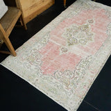3’5 x 6’7 Vintage Oushak Rug Muted Faded Pink, Green and Cream '2720