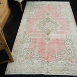 3’5 x 6’7 Vintage Oushak Rug Muted Faded Pink, Green and Cream '2720