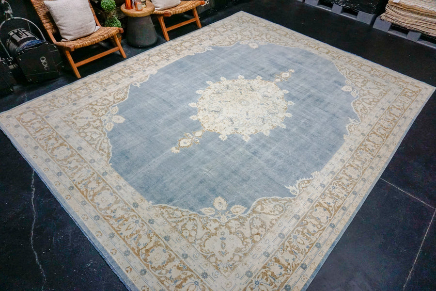 10’  x 12’5 Classic Vintage Carpet Muted Sky Blue, Camel & Ivory