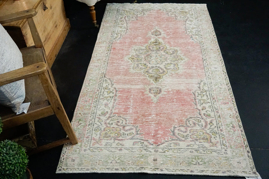 3’5 x 6’7 Vintage Oushak Rug Muted Faded Pink, Green and Cream
