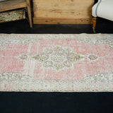 3’5 x 6’7 Vintage Oushak Rug Muted Faded Pink, Green and Cream '2720