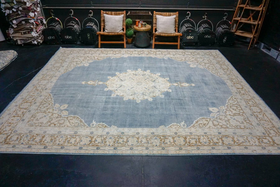 10’  x 12’5 Classic Vintage Carpet Muted Sky Blue, Camel & Ivory