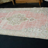 3’5 x 6’7 Vintage Oushak Rug Muted Faded Pink, Green and Cream '2720