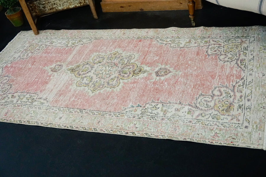 3’5 x 6’7 Vintage Oushak Rug Muted Faded Pink, Green and Cream