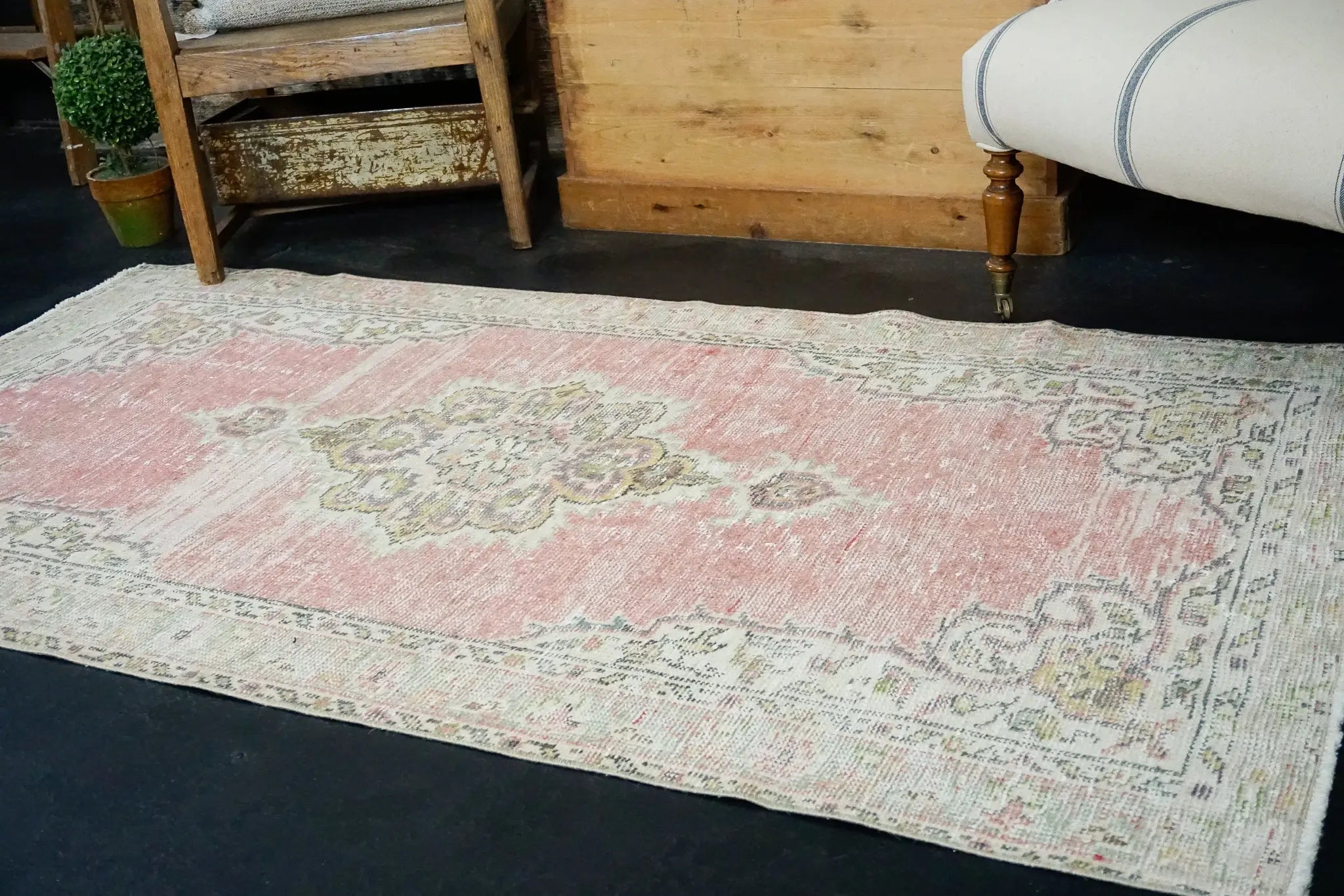 3’5 x 6’7 Vintage Oushak Rug Muted Faded Pink, Green and Cream '2720 Linda's Barn
