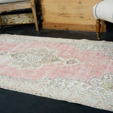 3’5 x 6’7 Vintage Oushak Rug Muted Faded Pink, Green and Cream '2720
