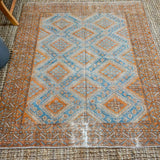 4’4 x 6’ Classic Vintage Shiraz Handmade Carpet Turquoise Blue, Copper + Cream