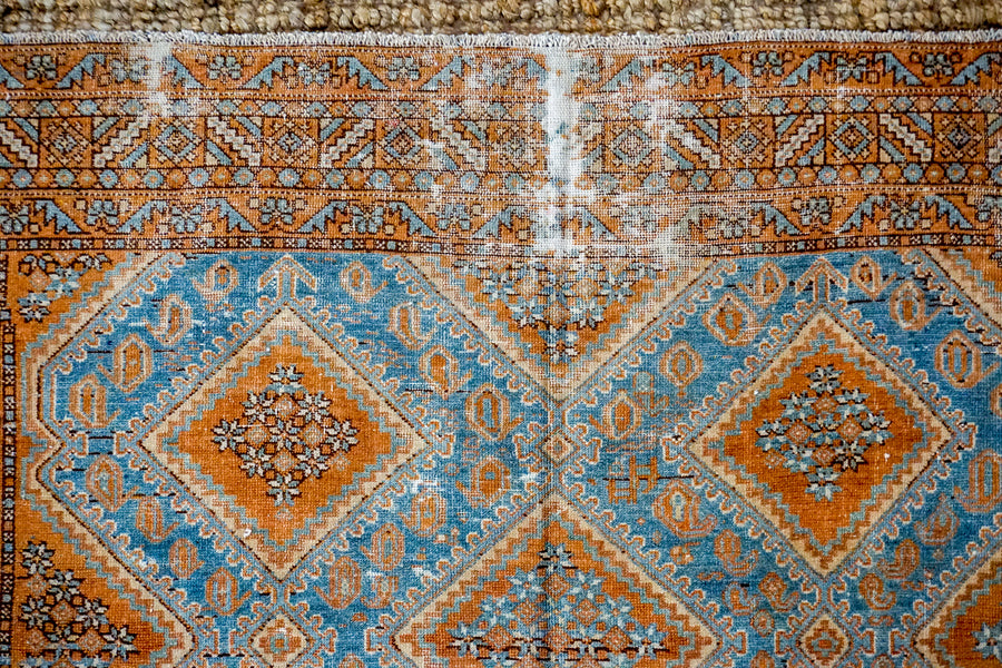 4’4 x 6’ Classic Vintage Shiraz Handmade Carpet Turquoise Blue, Copper + Cream