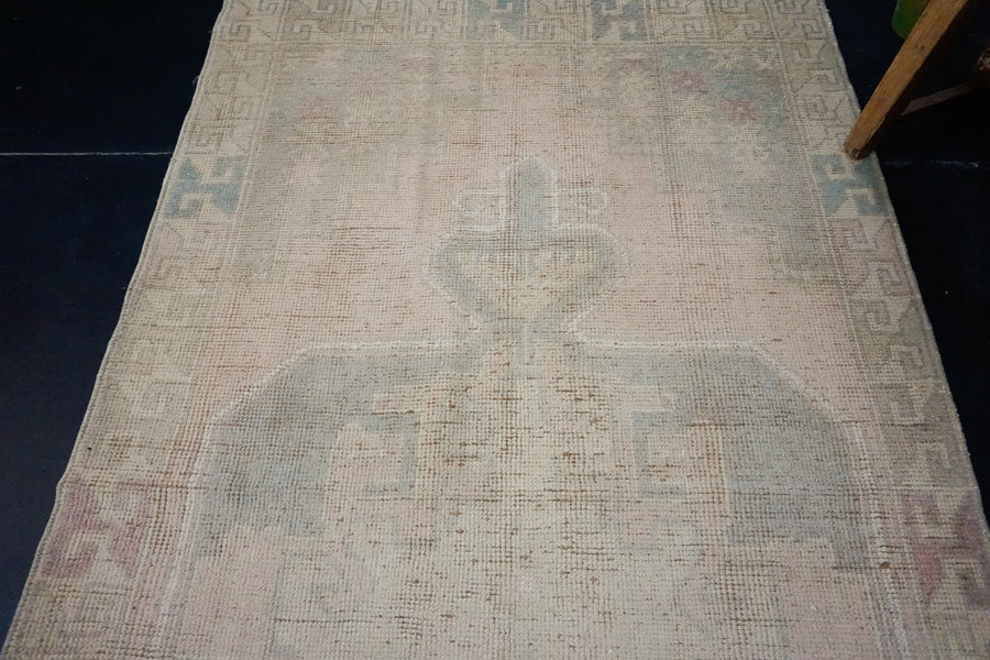 3’9 x 8’5 Vintage Oushak Runner Pale Pink, Sage Green & Gray