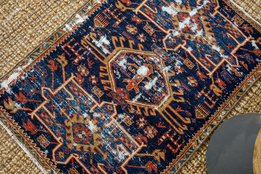 2’6 x 3’7 Classic Vintage Handmade Carpet Jewel Tones Navy, Red, Gold