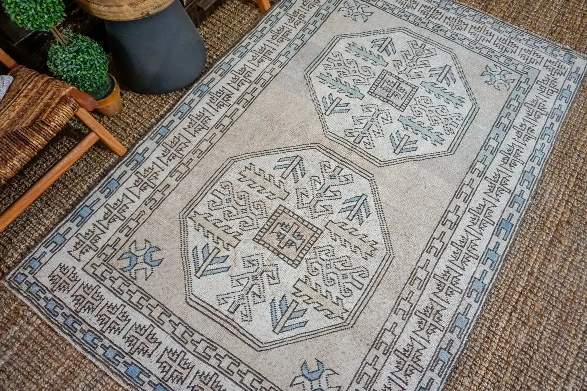 4’7 x 7’2  Vintage Milas Handmade Carpet Oatmeal, Gray, Blue + Cream '3198 Linda's Barn
