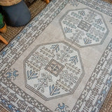 4’7 x 7’2  Vintage Milas Handmade Carpet Oatmeal, Gray, Blue + Cream