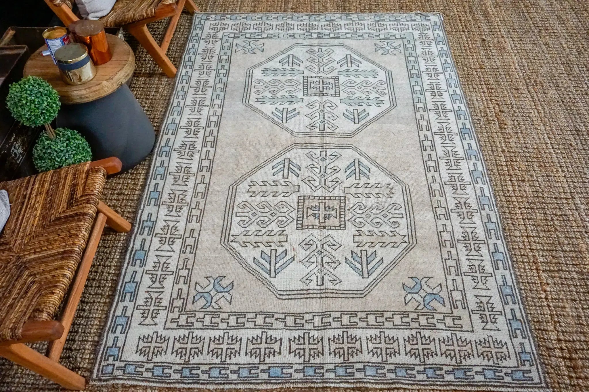 4’7 x 7’2  Vintage Milas Handmade Carpet Oatmeal, Gray, Blue + Cream '3198 Linda's Barn