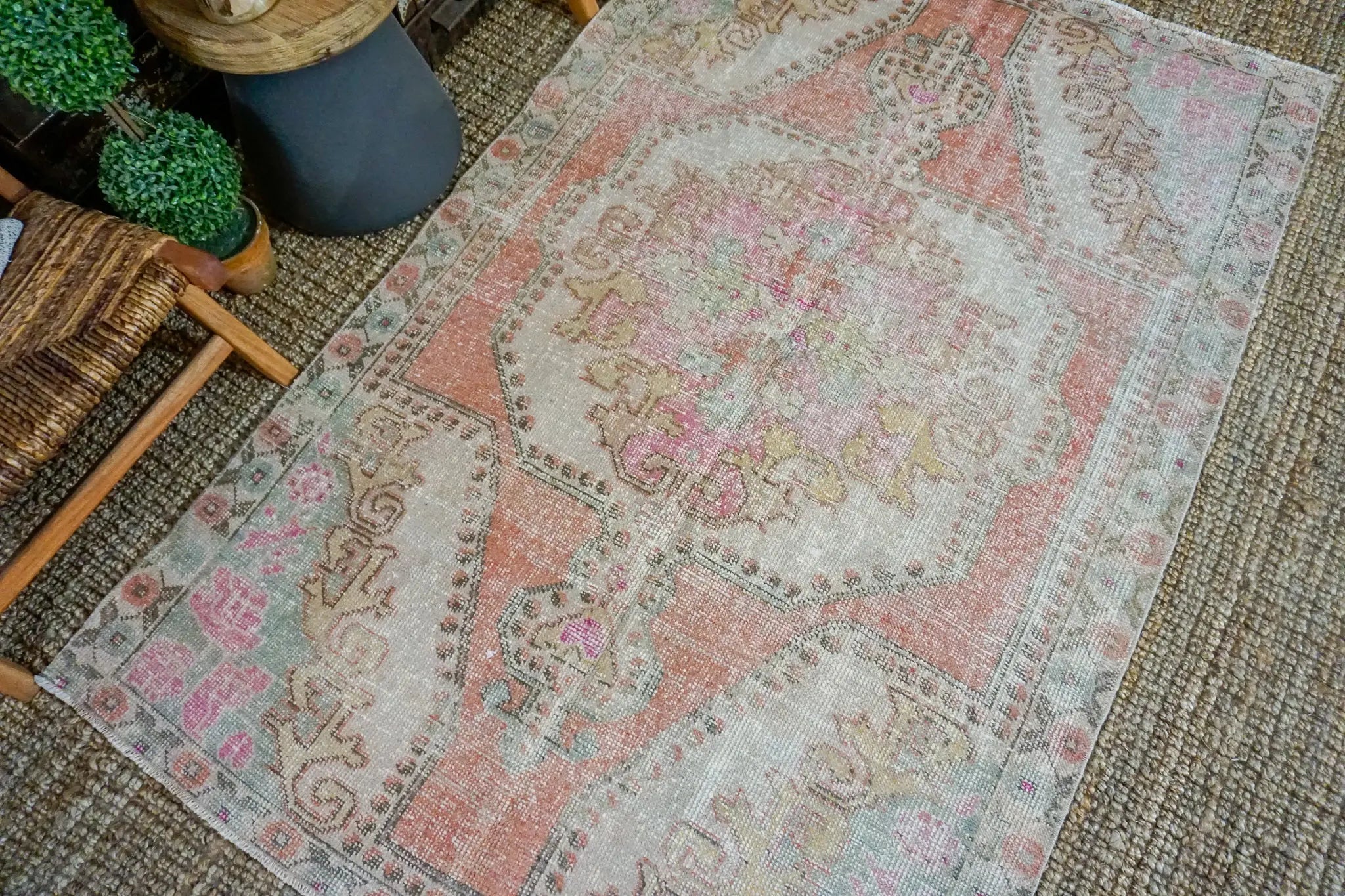 4’6 x 7’1 Oushak Rug Muted Pinks, Turquoise and Beige Vintage Carpet '3228 Linda's Barn