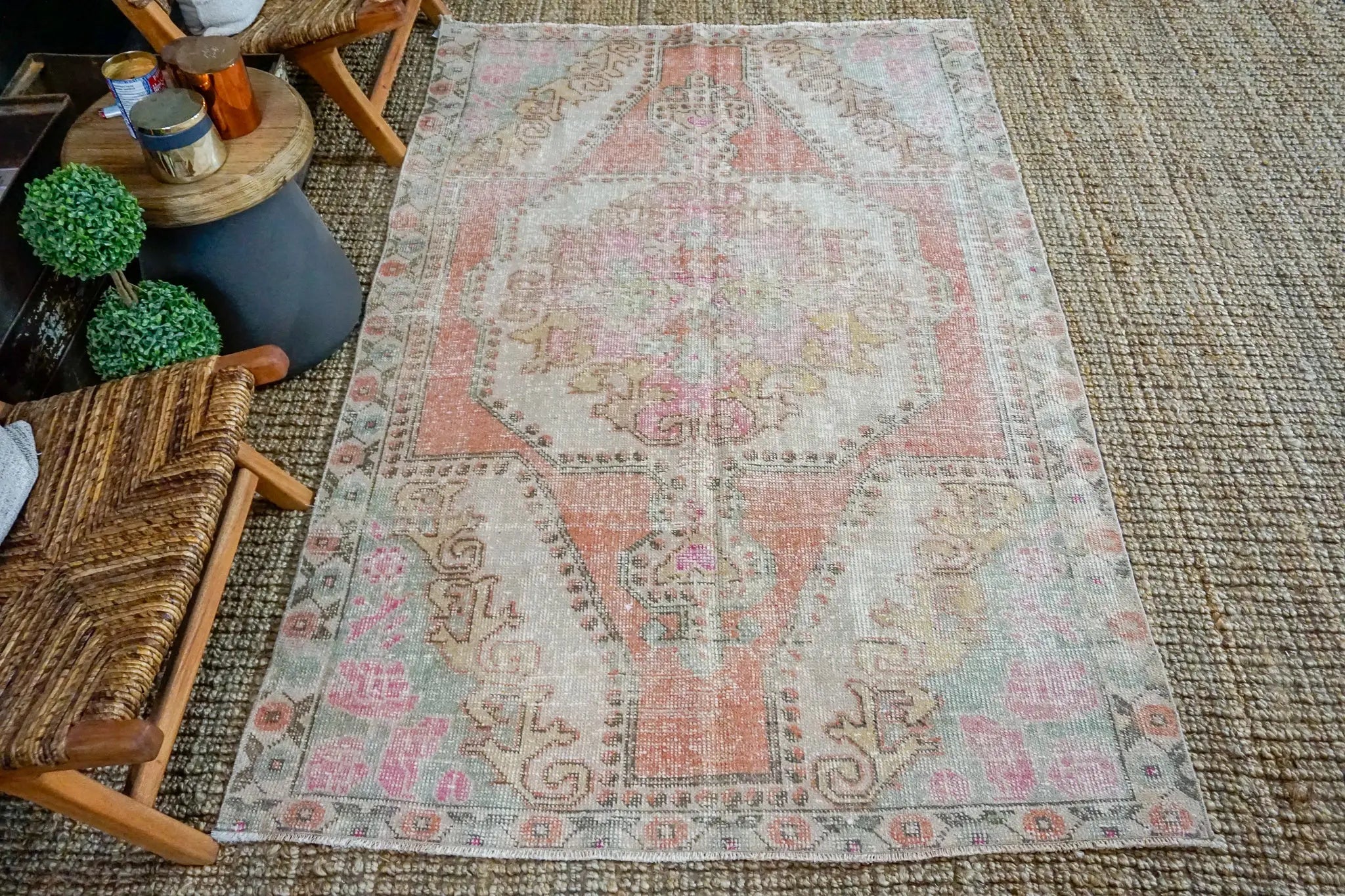 4’6 x 7’1 Oushak Rug Muted Pinks, Turquoise and Beige Vintage Carpet '3228 Linda's Barn