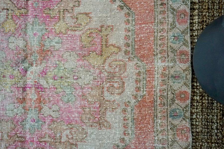 4’6 x 7’1 Oushak Rug Muted Pinks, Turquoise and Beige Vintage Carpet
