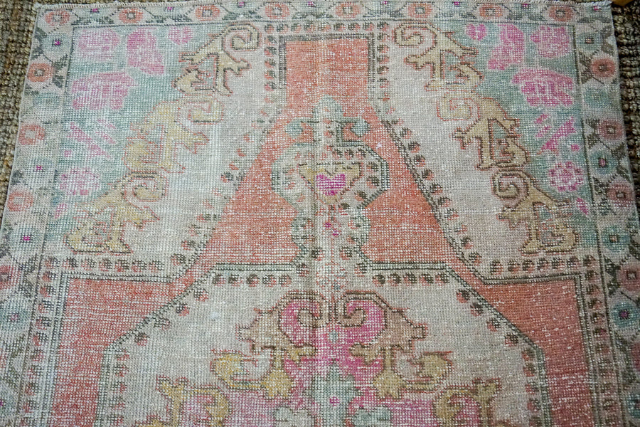 4’6 x 7’1 Oushak Rug Muted Pinks, Turquoise and Beige Vintage Carpet