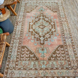 4’2 x 7’11 VintageTurkish Oushak Carpet Taupe, Green, Brown and Copper