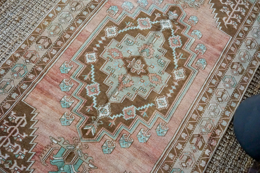 4’2 x 7’11 VintageTurkish Oushak Carpet Taupe, Green, Brown and Copper