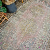 4’6 x 8’11 Vintage Turkish Oushak Carpet Muted Moody Pink, Gray + Honey