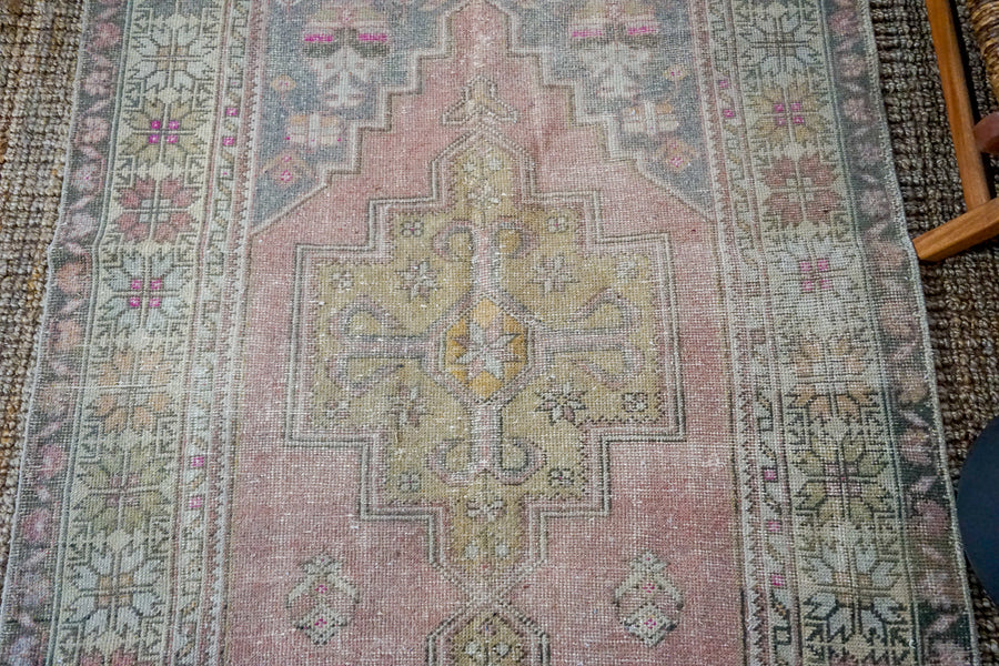 4’6 x 8’11 Vintage Turkish Oushak Carpet Muted Moody Pink, Gray + Honey