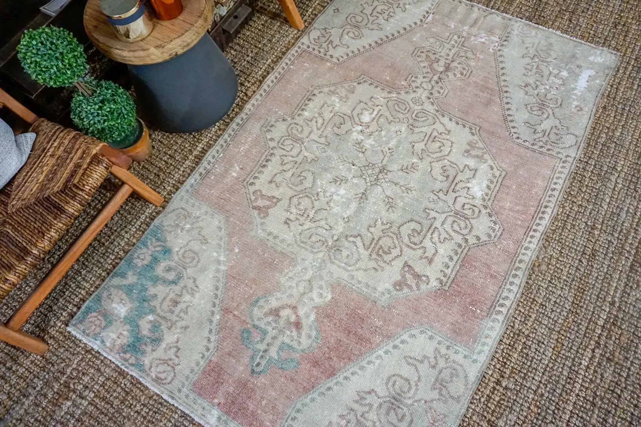 4’ x 6’7 Oushak Rug Very Muted Beige, Pink + Turquoise Vintage Carpet '3579 Linda's Barn