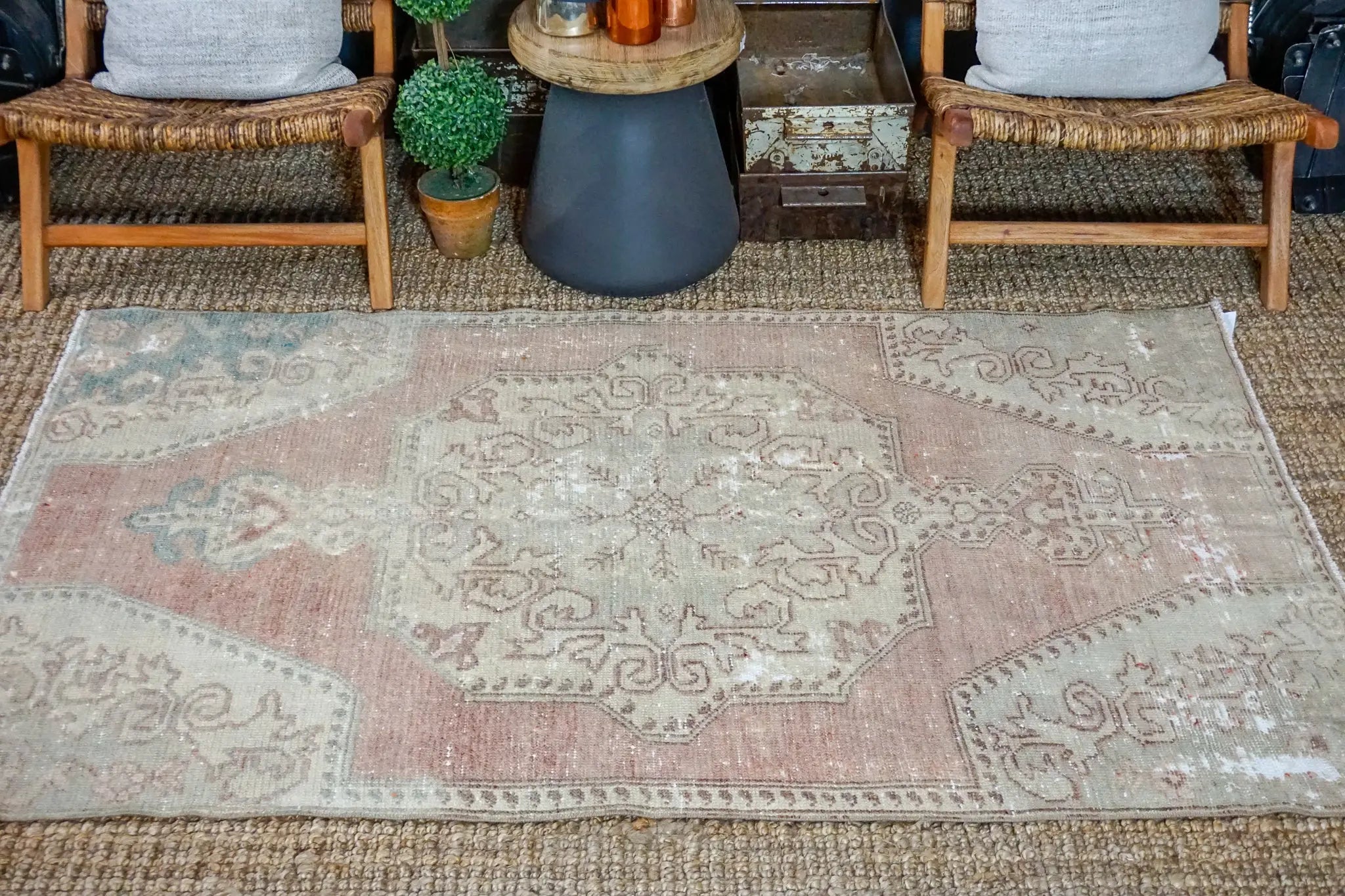 4’ x 6’7 Oushak Rug Very Muted Beige, Pink + Turquoise Vintage Carpet '3579 Linda's Barn