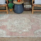 4’ x 6’7 Oushak Rug Very Muted Beige, Pink + Turquoise Vintage Carpet