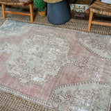 4’ x 6’7 Oushak Rug Very Muted Beige, Pink + Turquoise Vintage Carpet