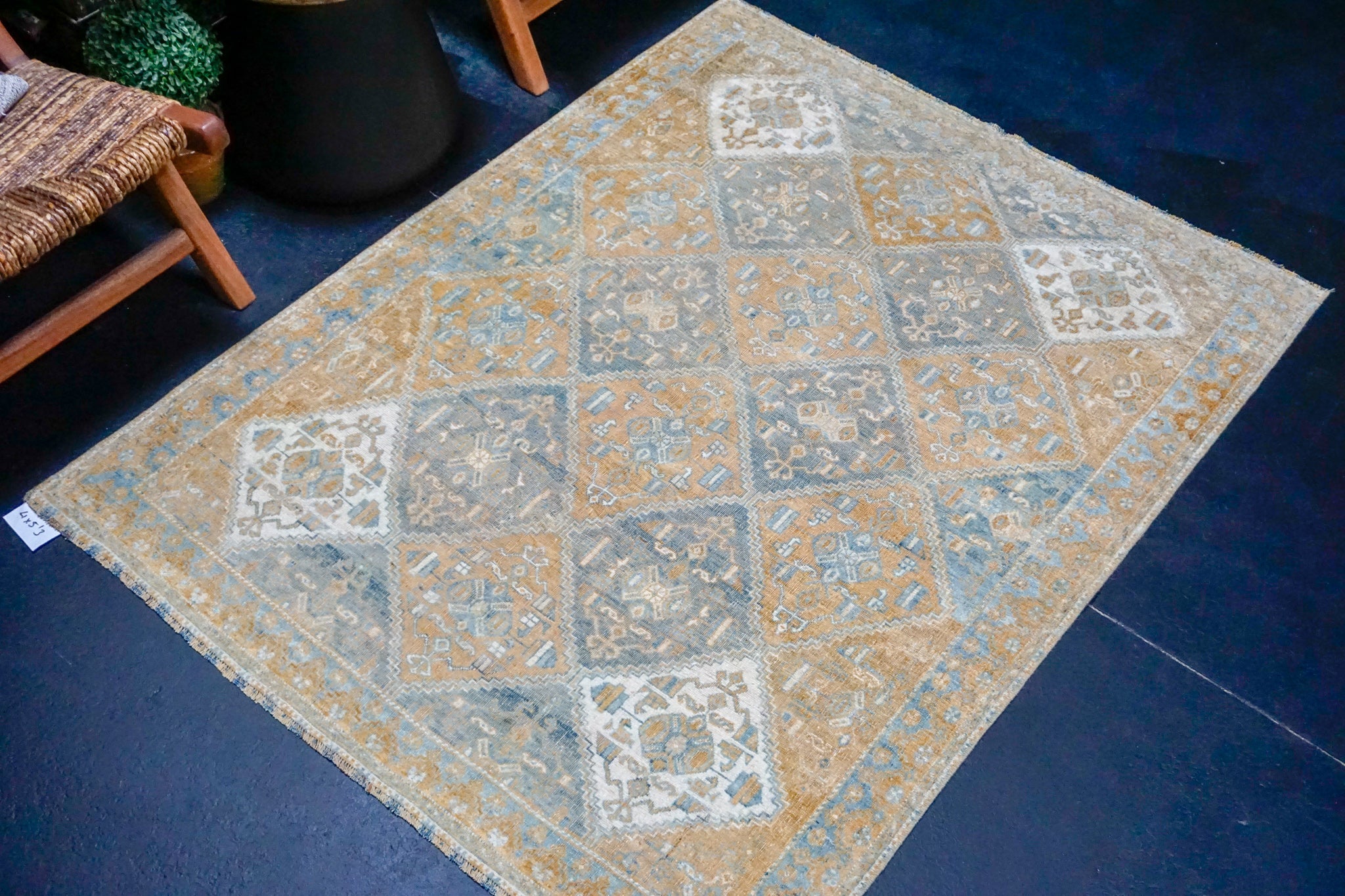 4’ x 5’3 Classic Antique Rug Pale Copper, Steel + Denim Blue '4197 Linda's Barn