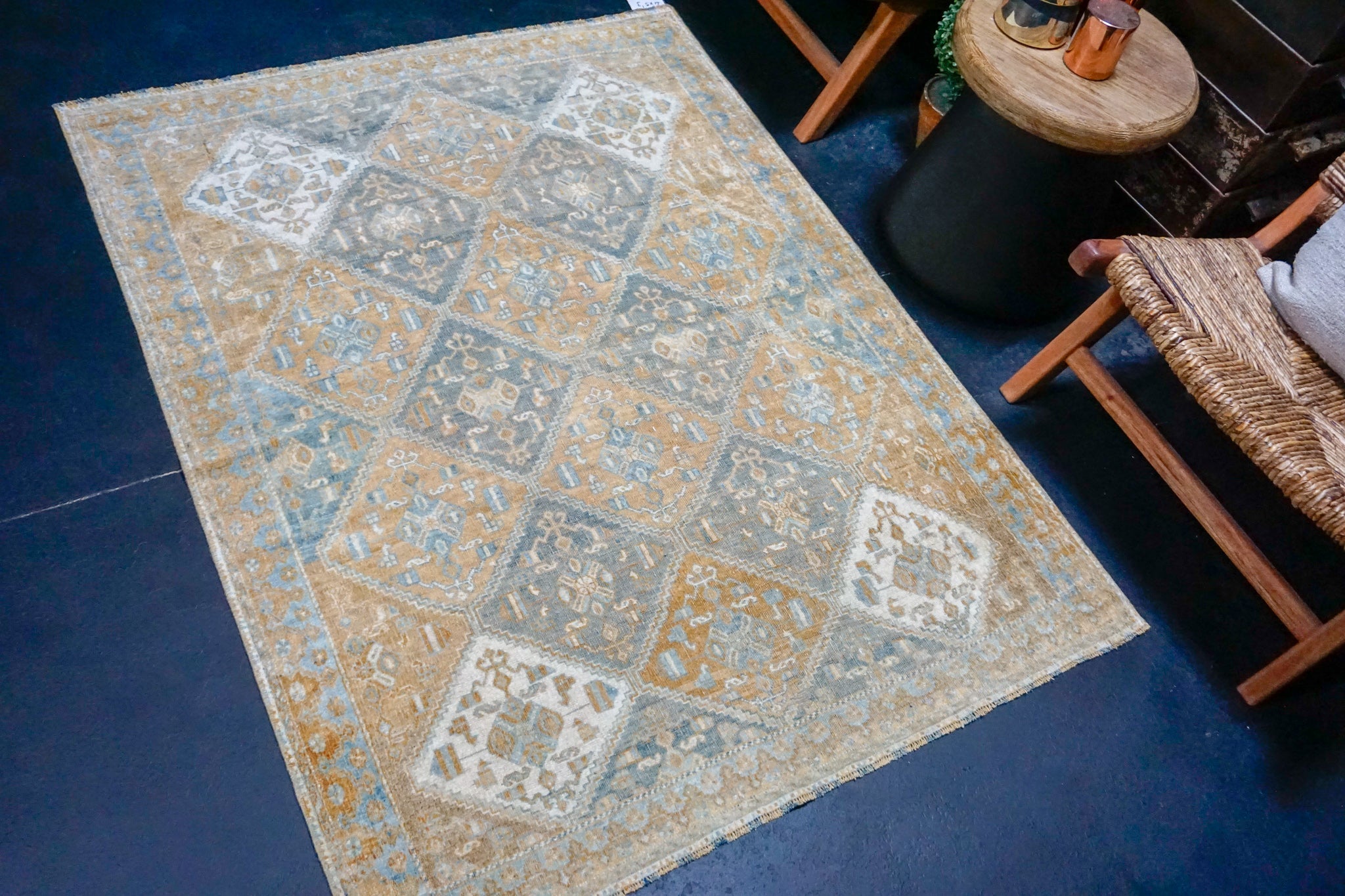 4’ x 5’3 Classic Antique Rug Pale Copper, Steel + Denim Blue '4197 Linda's Barn