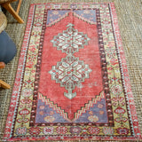 3’10 x 6’4 Vintage Oushak Rug Muted Red, Gold + Purple Carpet