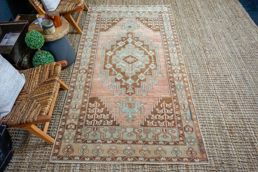 4’2 x 8’4 VintageTurkish Oushak Carpet Taupe, Green, Brown and Copper