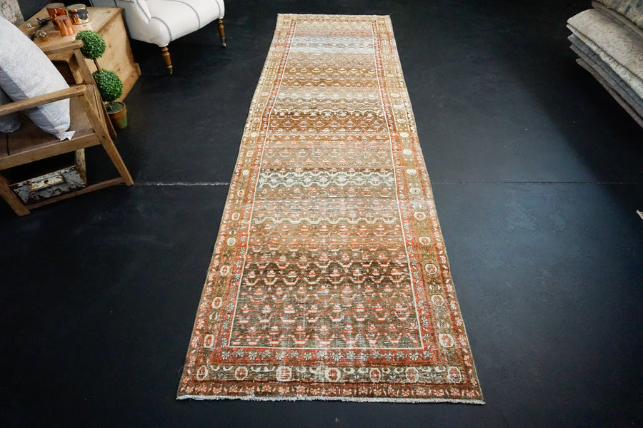 3’7” x 12’5” Vintage Caucasian Runner Reds, Browns, Indigo Blue