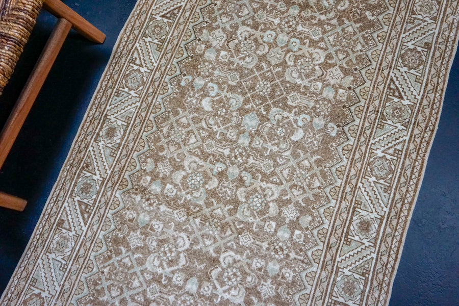 3’5  x 10’9 Vintage Runner Muted Light Brown, Sage and Cream