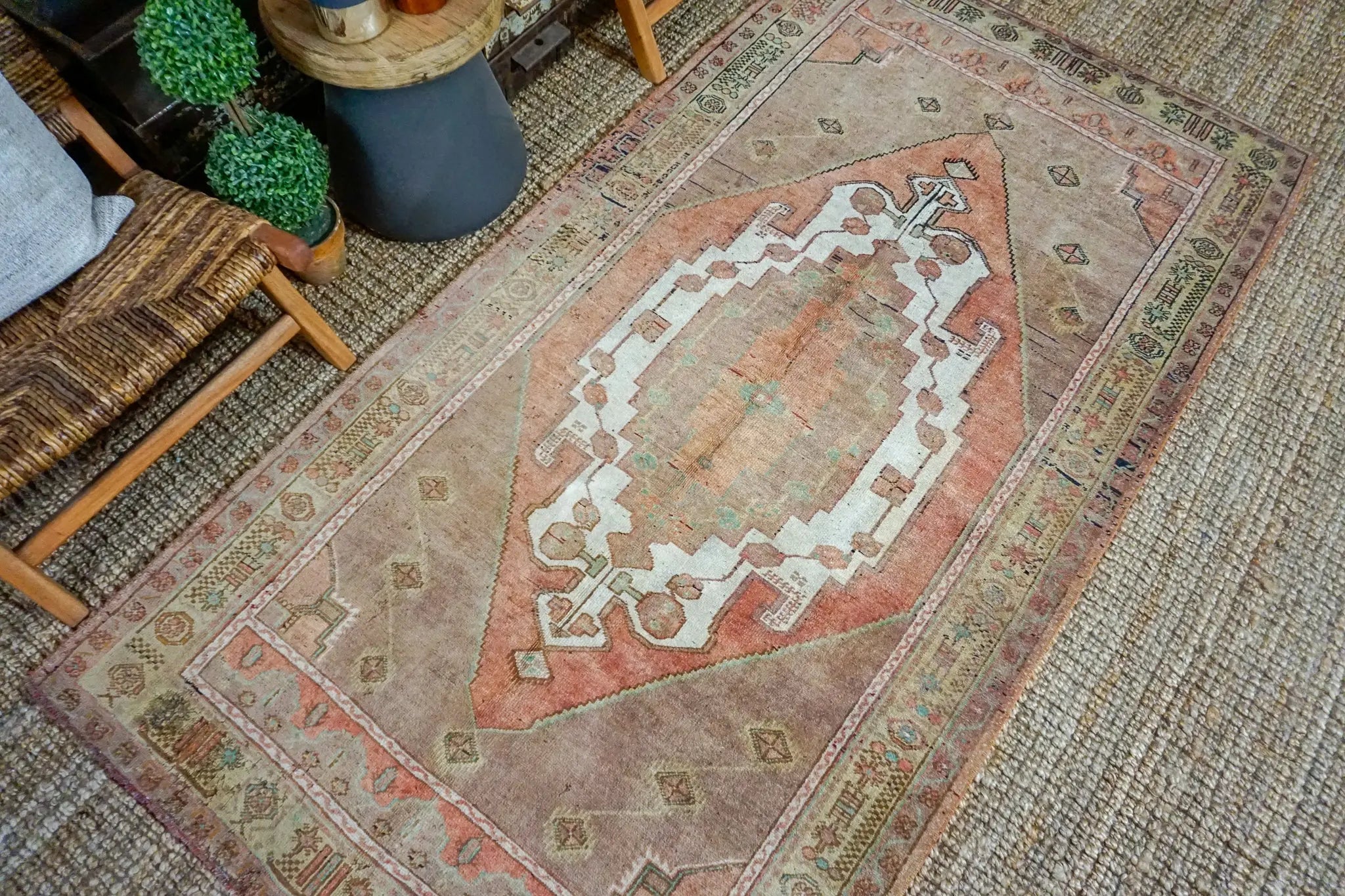 4’3 x 8’2 Turkish Taspinar Rug Very Muted Copper, Chartreuse + Mocha Vintage Carpet '3239 Linda's Barn